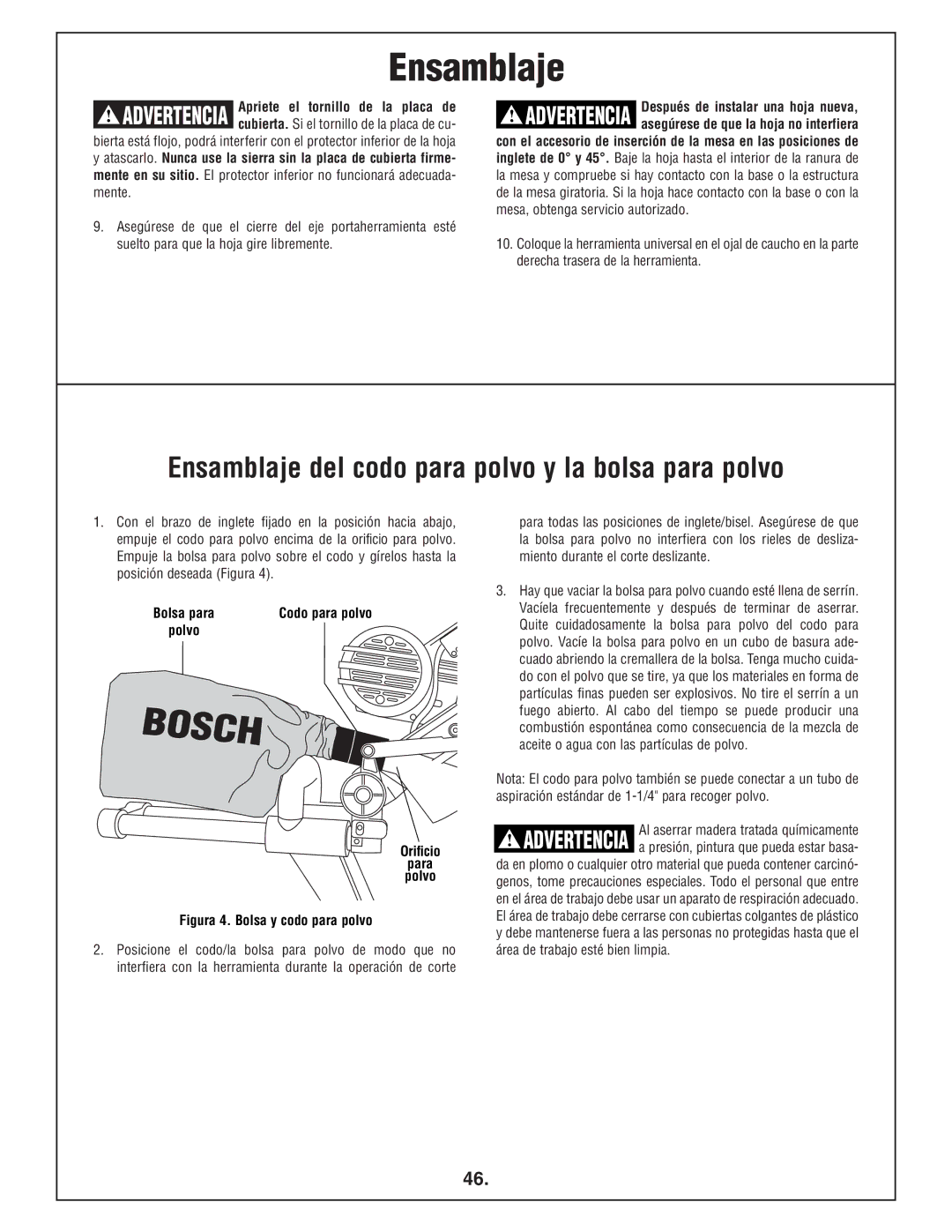 Bosch Power Tools 4412 manual Ensamblaje del codo para polvo y la bolsa para polvo, Orificio Para Polvo 