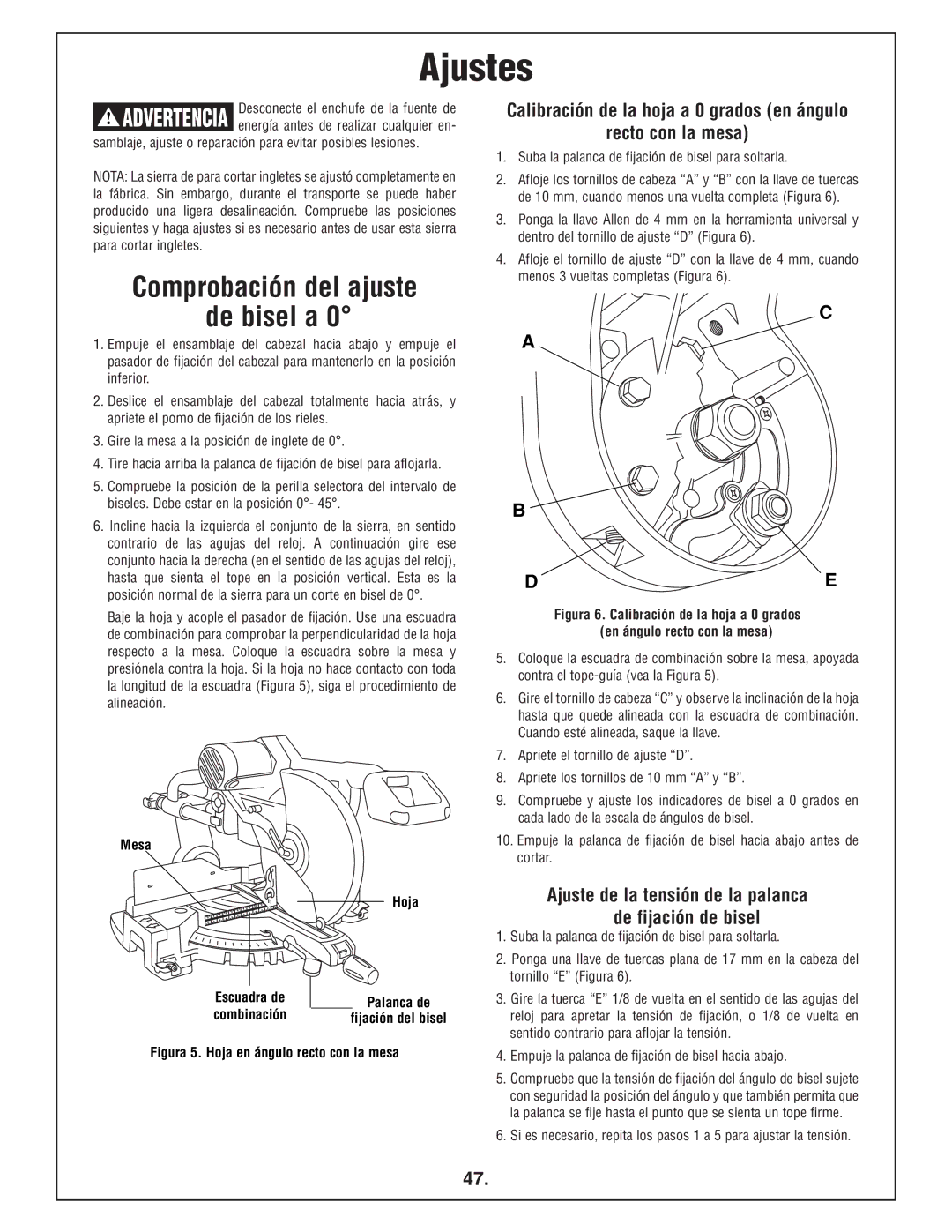 Bosch Power Tools 4412 manual Ajustes, Ajuste de la tensión de la palanca de fijación de bisel, Mesa Hoja Escuadra de 