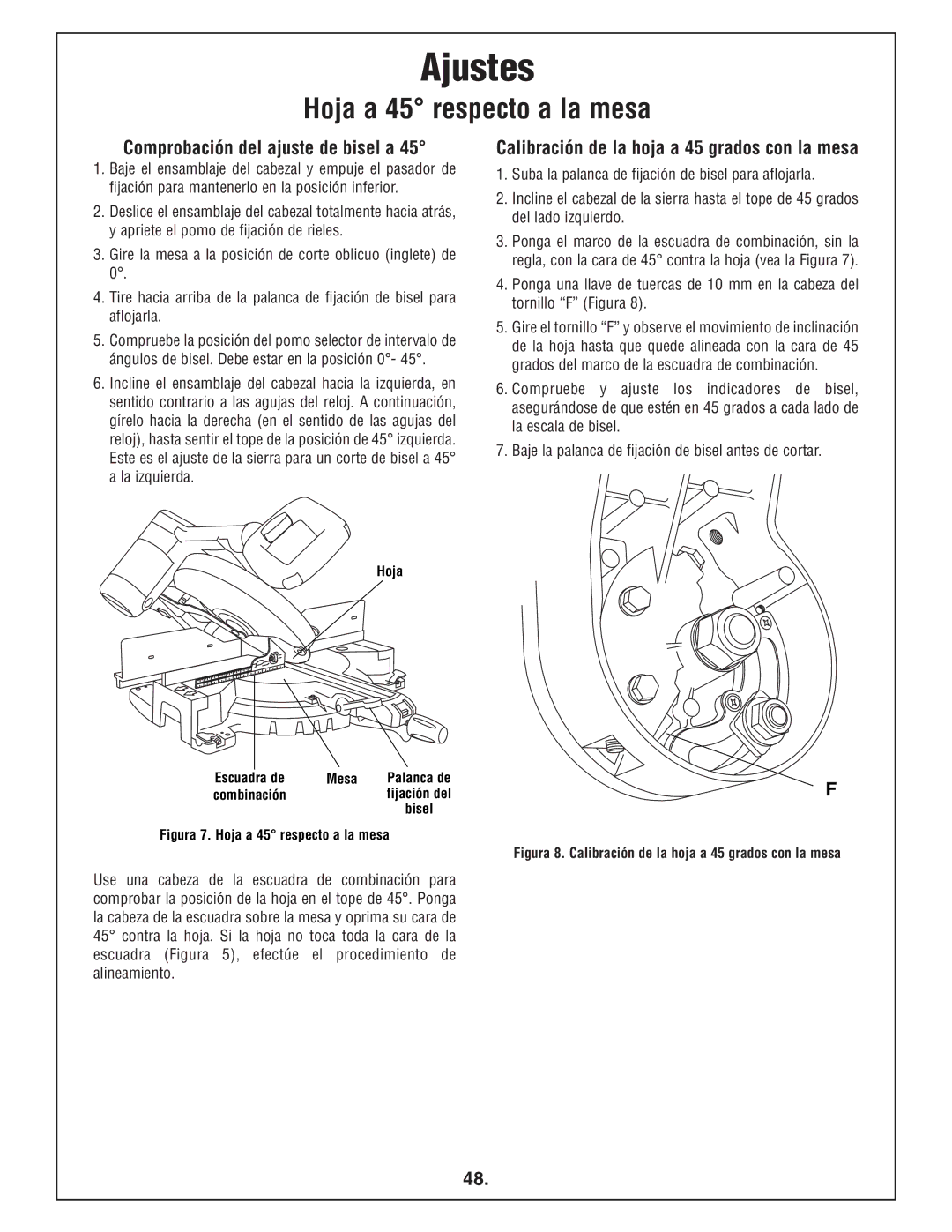 Bosch Power Tools 4412 manual Hoja a 45 respecto a la mesa, Comprobación del ajuste de bisel a, Hoja Escuadra de Mesa 