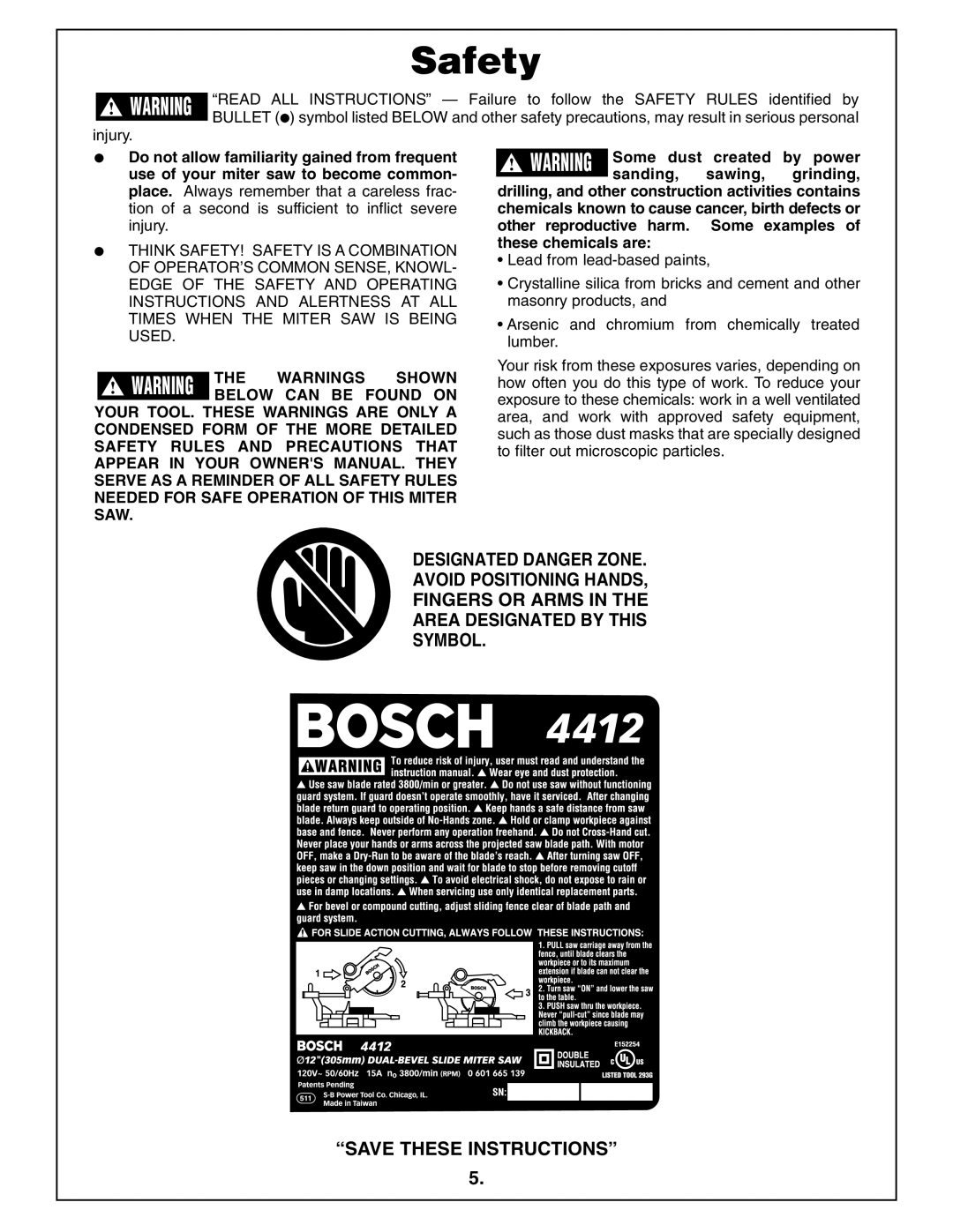 Bosch Power Tools 4412 manual Injury 