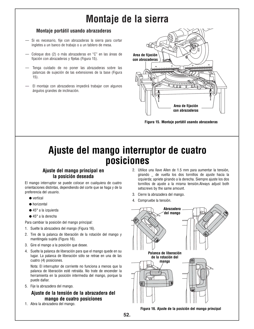 Bosch Power Tools 4412 manual Montaje de la sierra, Ajuste del mango interruptor de cuatro Posiciones 