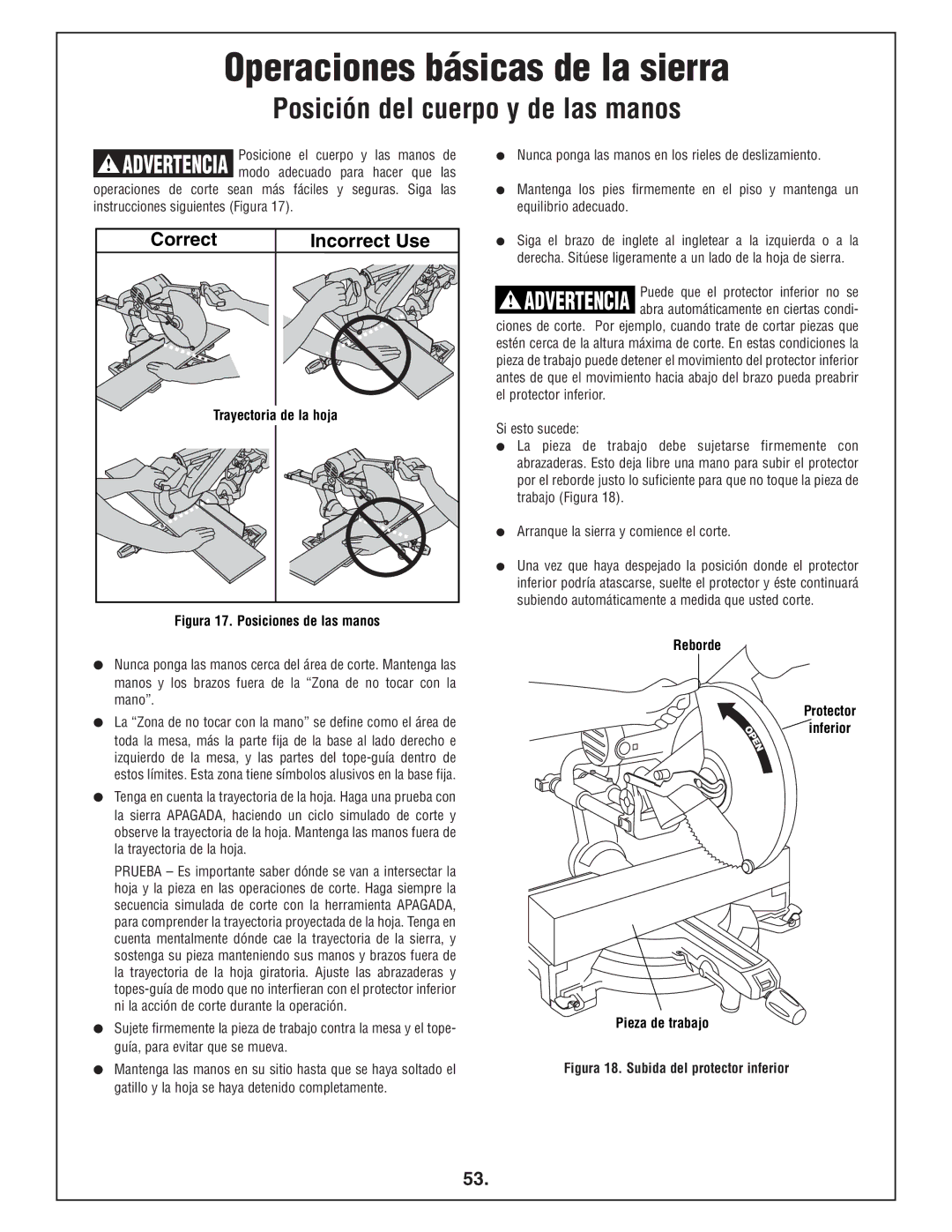 Bosch Power Tools 4412 manual Operaciones básicas de la sierra, Posición del cuerpo y de las manos, Trayectoria de la hoja 