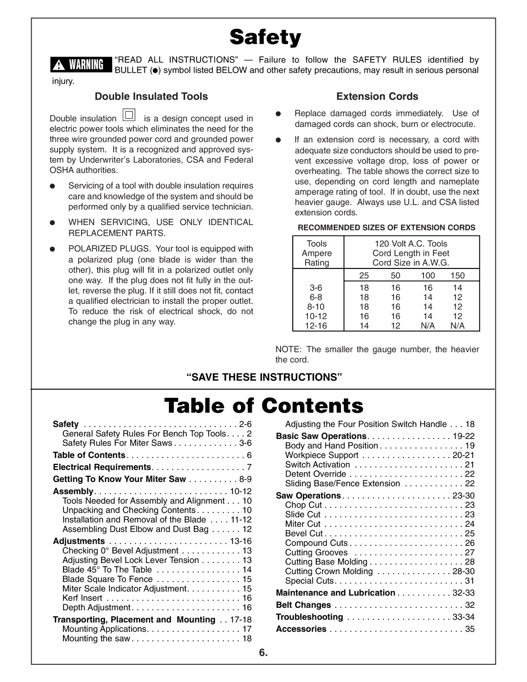 Bosch Power Tools 4412 manual Table of Contents 