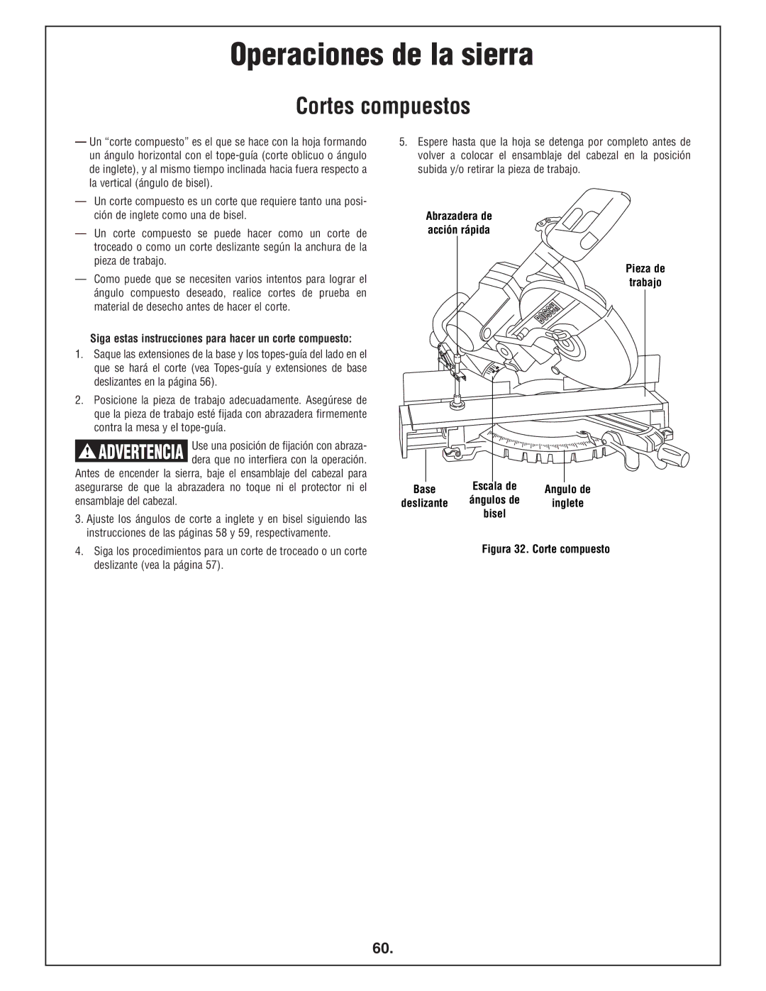 Bosch Power Tools 4412 manual Cortes compuestos, Siga estas instrucciones para hacer un corte compuesto 