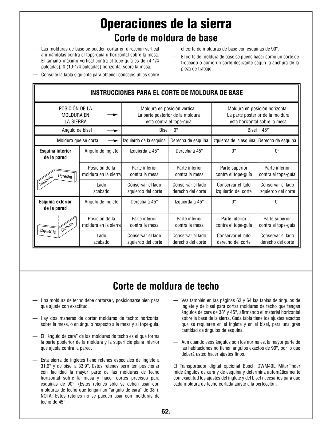 Bosch Power Tools 4412 manual Corte de moldura de base, Corte de moldura de techo 