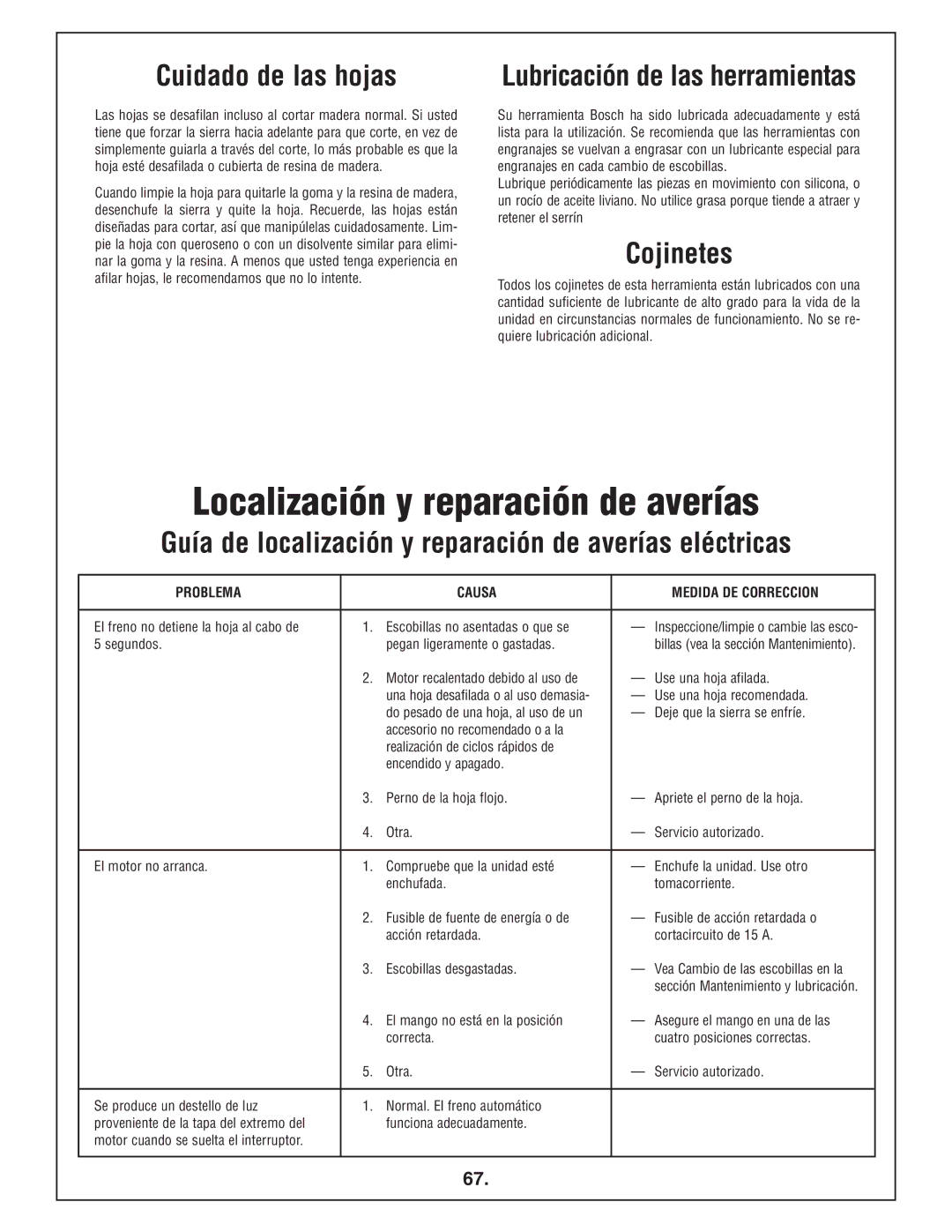 Bosch Power Tools 4412 manual Localización y reparación de averías, Cuidado de las hojas, Cojinetes 