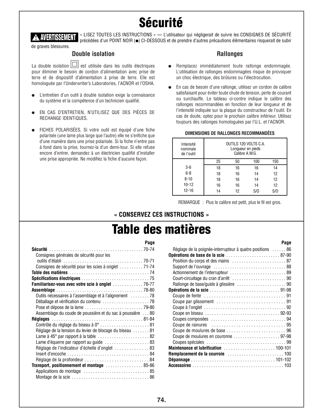 Bosch Power Tools 4412 manual Table des matières, Double isolation, Rallonges 