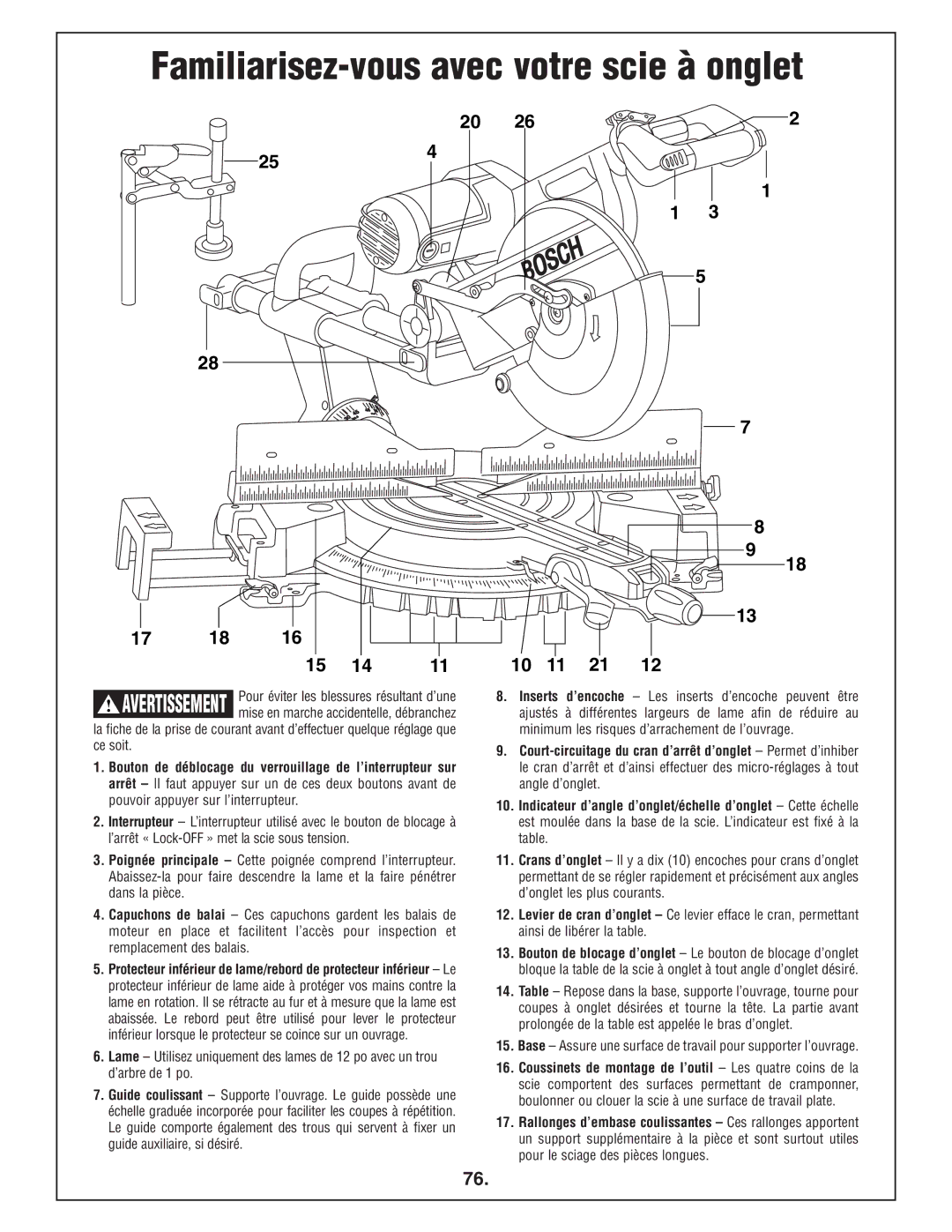 Bosch Power Tools 4412 manual Familiarisez-vous avec votre scie à onglet 