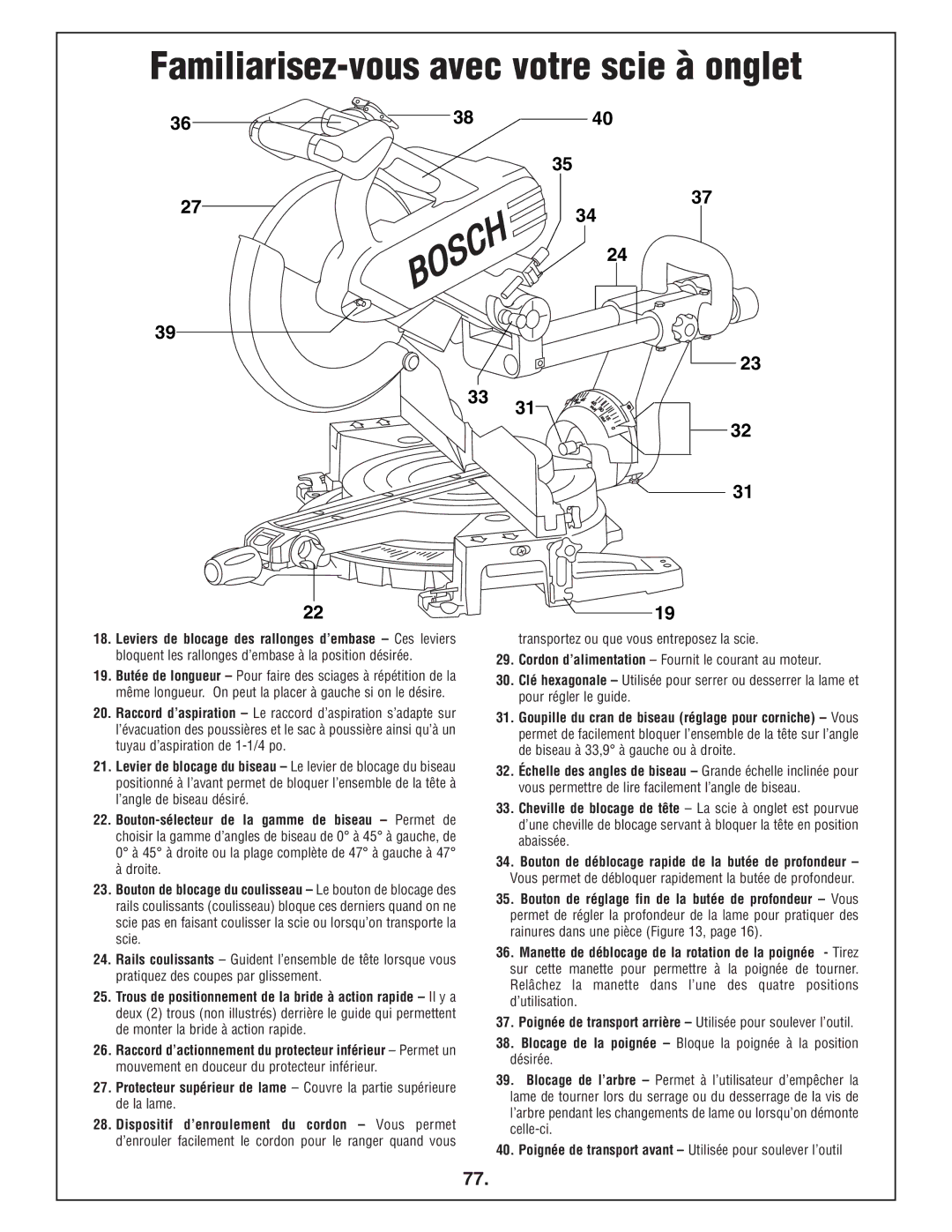 Bosch Power Tools 4412 manual Familiarisez-vous avec votre scie à onglet 