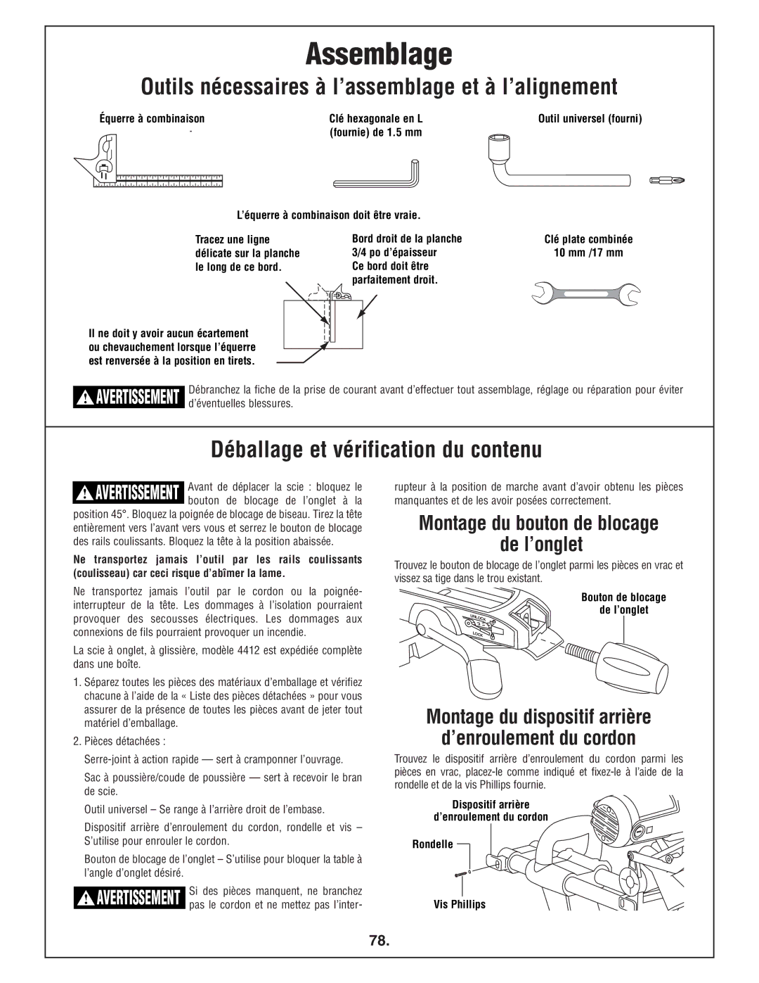 Bosch Power Tools 4412 manual Assemblage, Outils nécessaires à l’assemblage et à l’alignement 