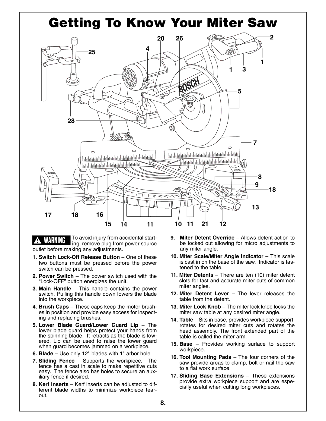 Bosch Power Tools 4412 manual Getting To Know Your Miter Saw, 17 18 