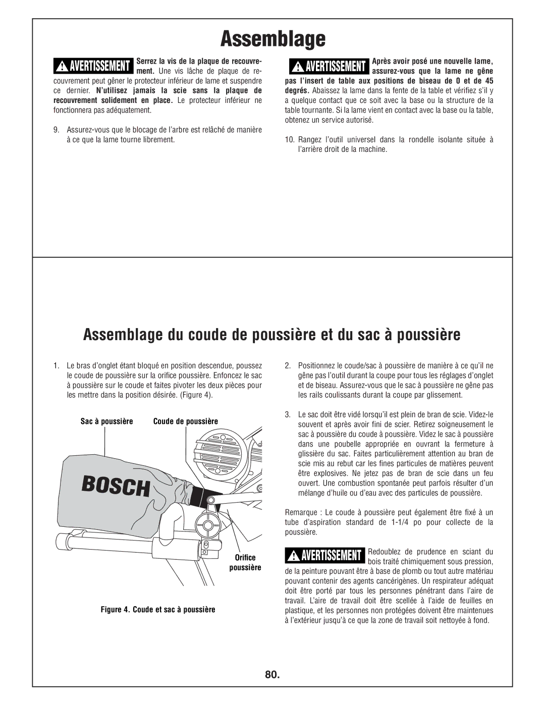 Bosch Power Tools 4412 manual Assemblage du coude de poussière et du sac à poussière, Sac à poussière, Orifice Poussière 