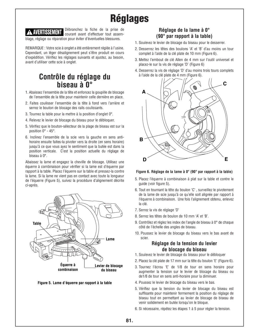 Bosch Power Tools 4412 Réglages, Contrôle du réglage du Biseau à, Réglage de la tension du levier De blocage du biseau 