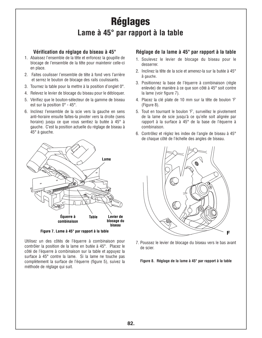 Bosch Power Tools 4412 manual Lame à 45 par rapport à la table, Vérification du réglage du biseau à 