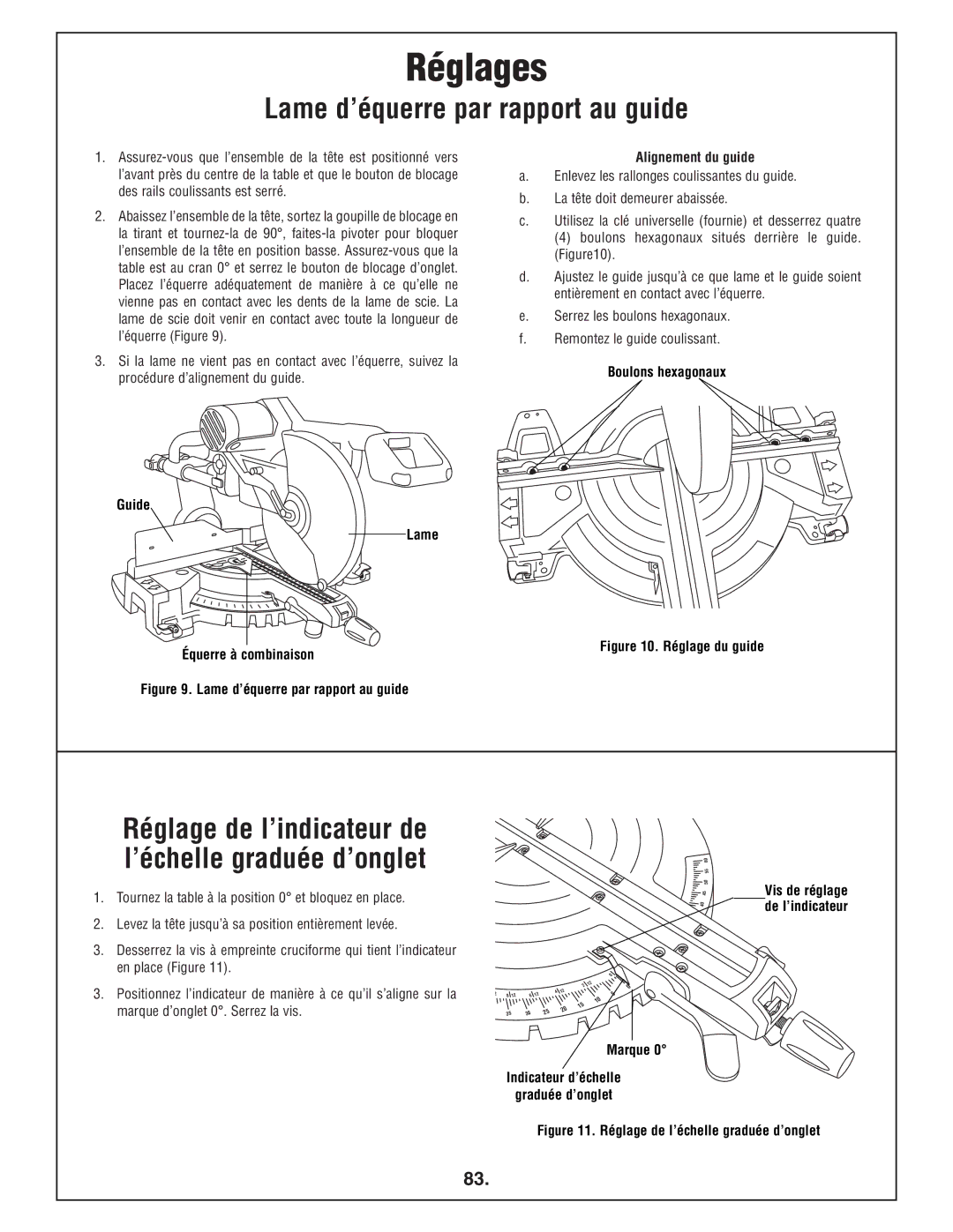 Bosch Power Tools 4412 manual Lame d’équerre par rapport au guide, Guide Lame Alignement du guide 