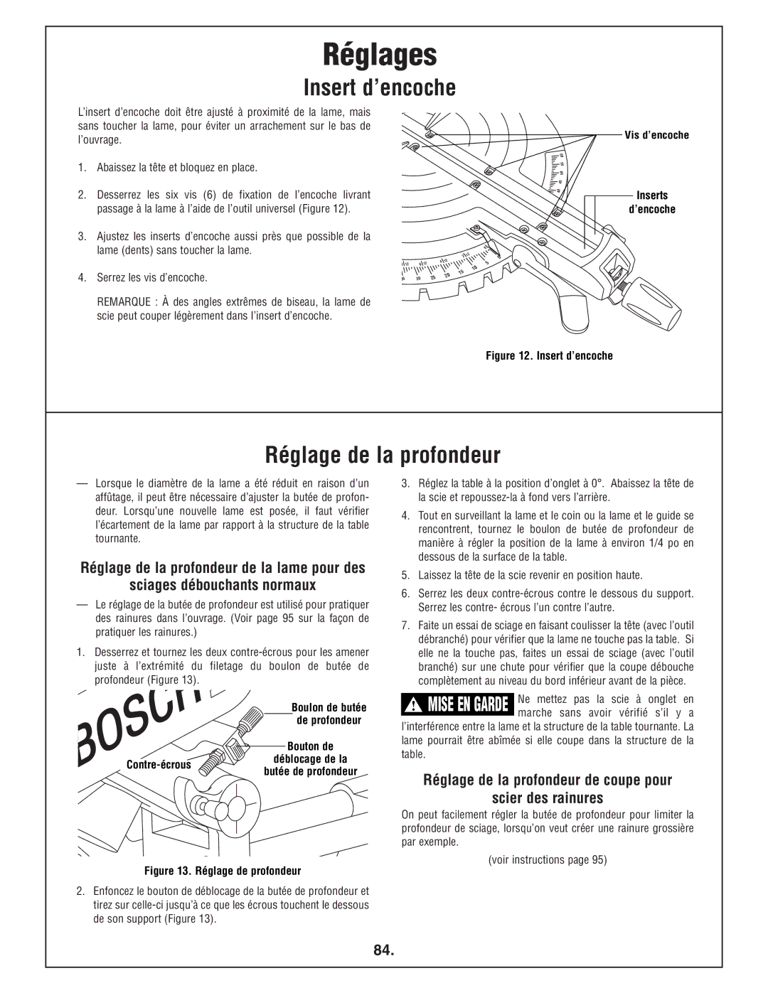 Bosch Power Tools 4412 manual Insert d’encoche, Réglage de la profondeur, Sciages débouchants normaux, Inserts ’encoche 