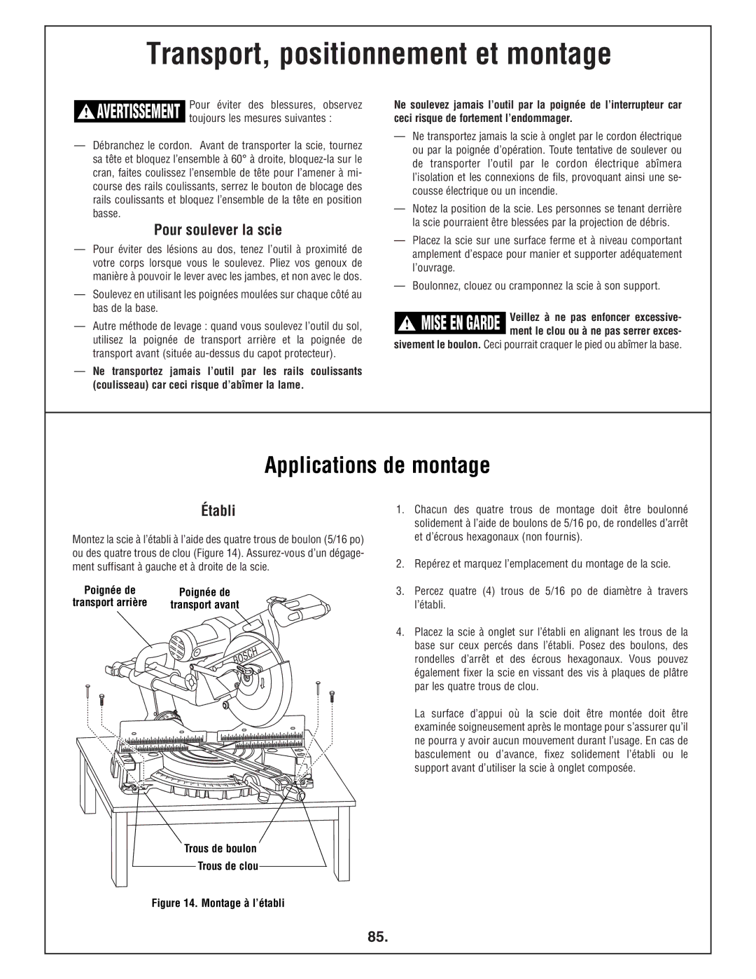 Bosch Power Tools 4412 manual Transport, positionnement et montage, Applications de montage, Pour soulever la scie, Établi 