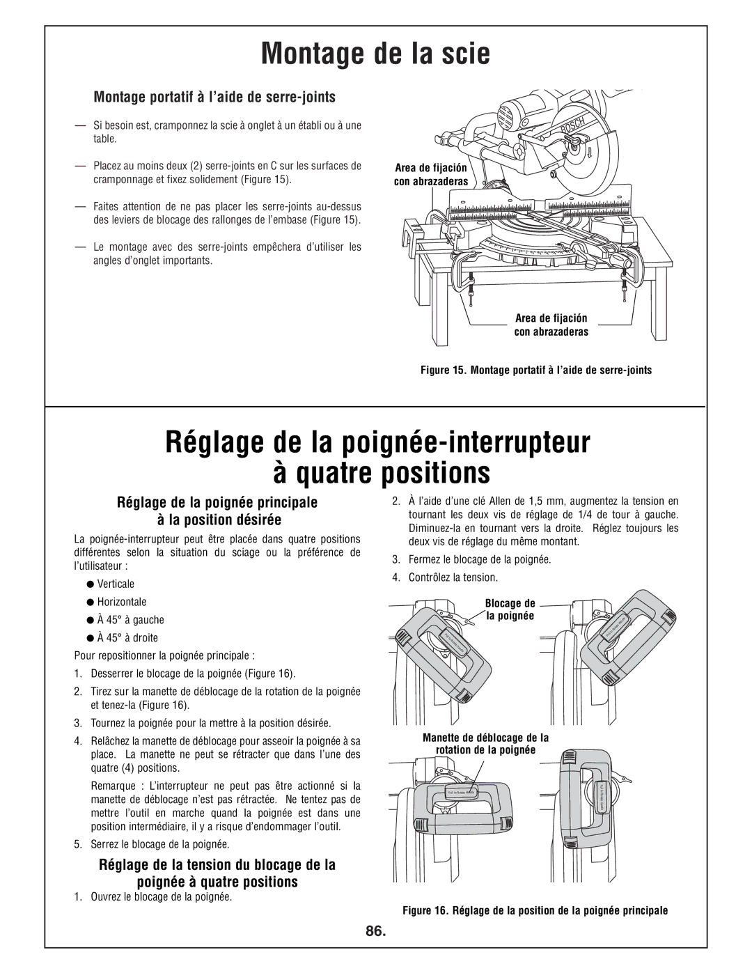 Bosch Power Tools 4412 manual Montage de la scie, Montage portatif à l’aide de serre-joints, Blocage de La poignée 