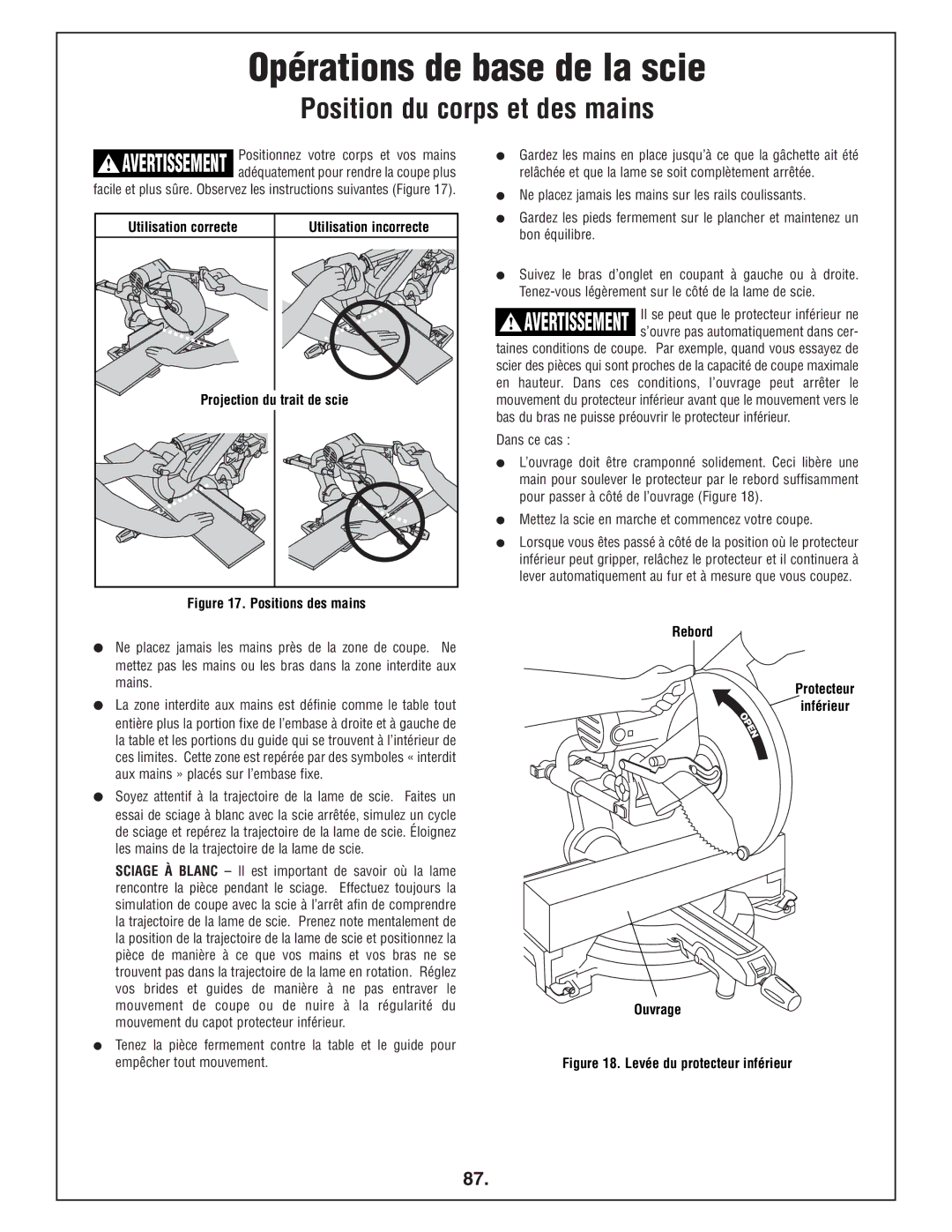 Bosch Power Tools 4412 manual Opérations de base de la scie, Position du corps et des mains, Utilisation correcte 