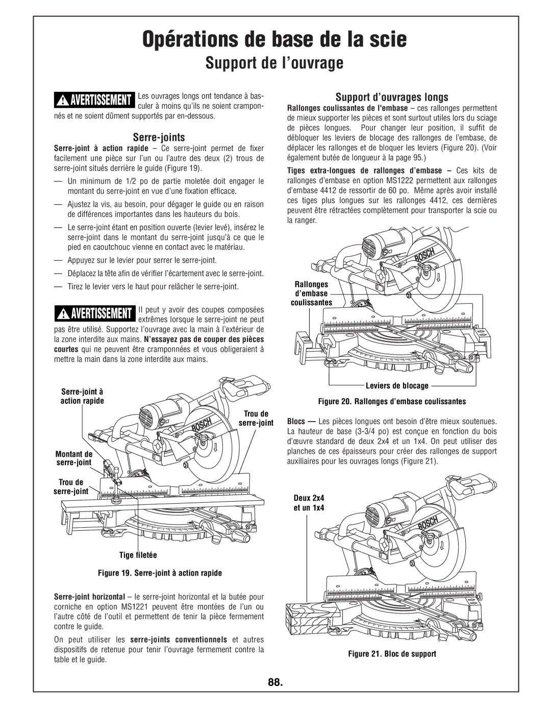 Bosch Power Tools 4412 manual Support de l’ouvrage, Serre-joints, Support d’ouvrages longs, Trou de Serre-joint 