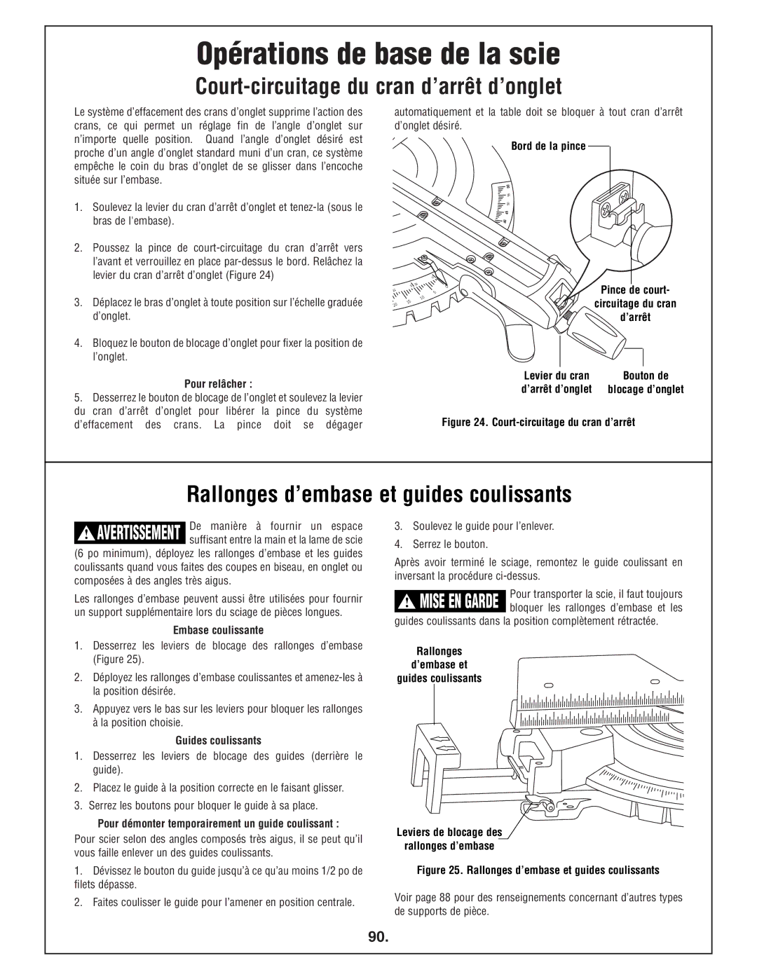 Bosch Power Tools 4412 manual Court-circuitage du cran d’arrêt d’onglet, Rallonges d’embase et guides coulissants 