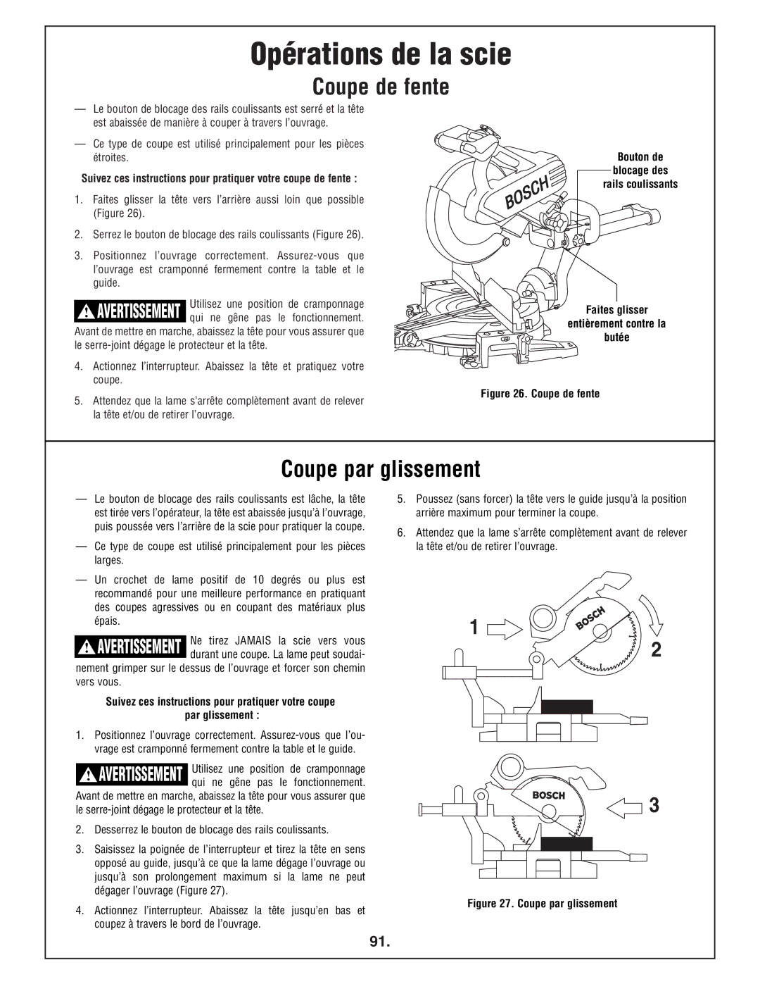 Bosch Power Tools 4412 manual Opérations de la scie, Coupe de fente, Coupe par glissement 