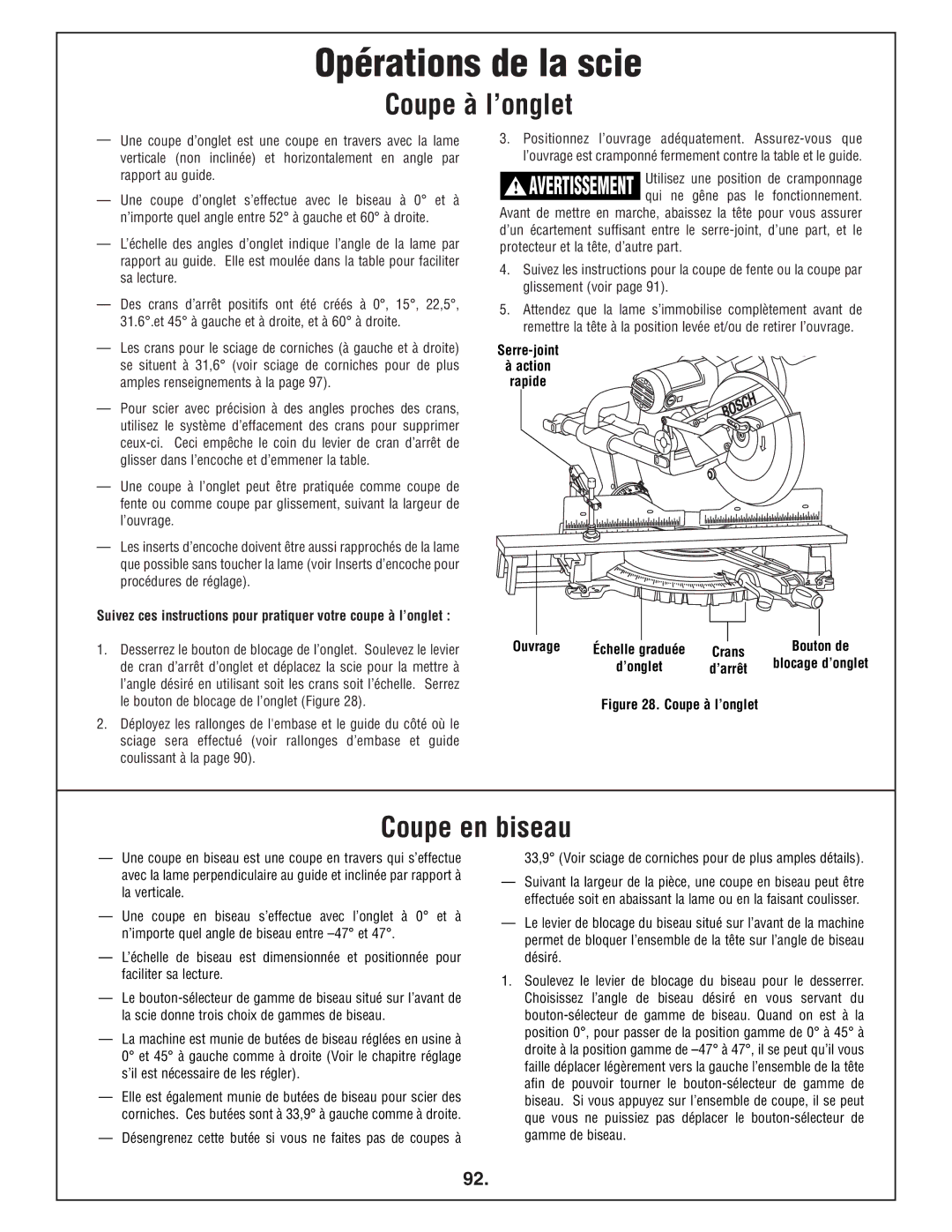 Bosch Power Tools 4412 manual Coupe à l’onglet, Coupe en biseau, Serre-joint Action rapide Ouvrage Échelle graduée 