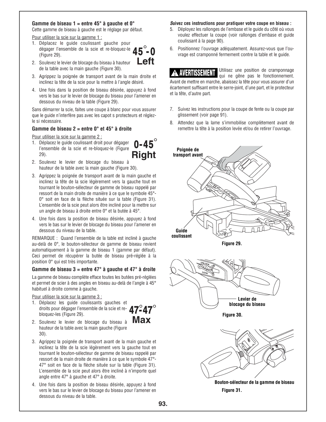 Bosch Power Tools 4412 manual Gamme de biseau 1 = entre 45 à gauche et, Gamme de biseau 2 = entre 0 et 45 à droite 