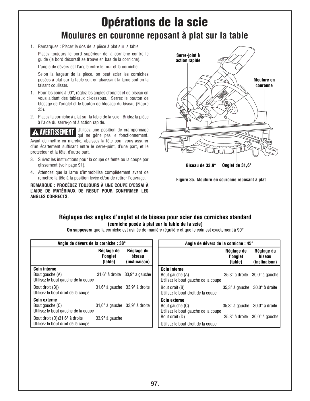 Bosch Power Tools 4412 Moulures en couronne reposant à plat sur la table, Corniche posée à plat sur la table de la scie 