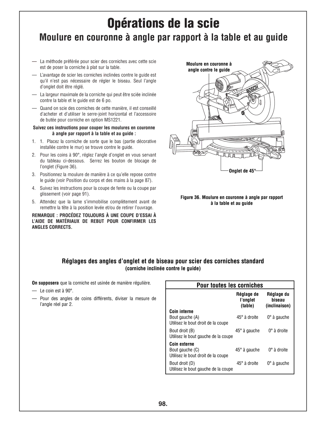 Bosch Power Tools 4412 manual Pour toutes les corniches, Corniche inclinée contre le guide, Onglet de 