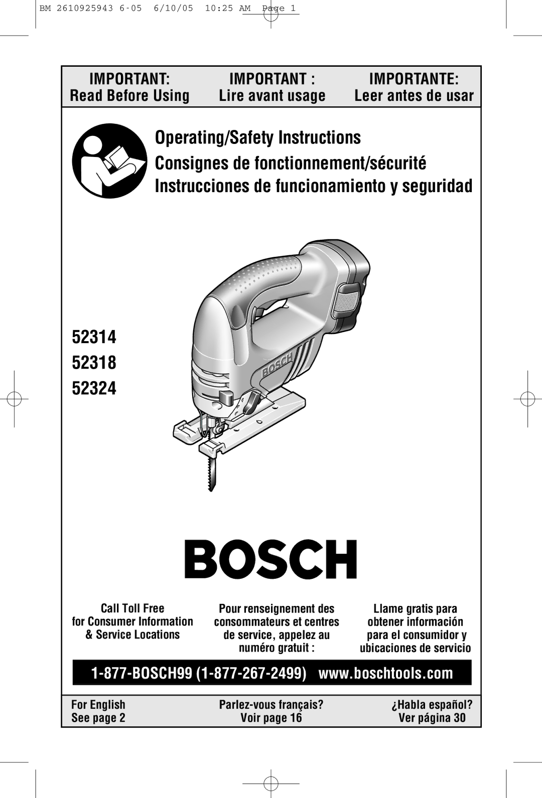 Bosch Power Tools 52318B, 52324, 52314B manual Call Toll Free, Service Locations, For English, See 