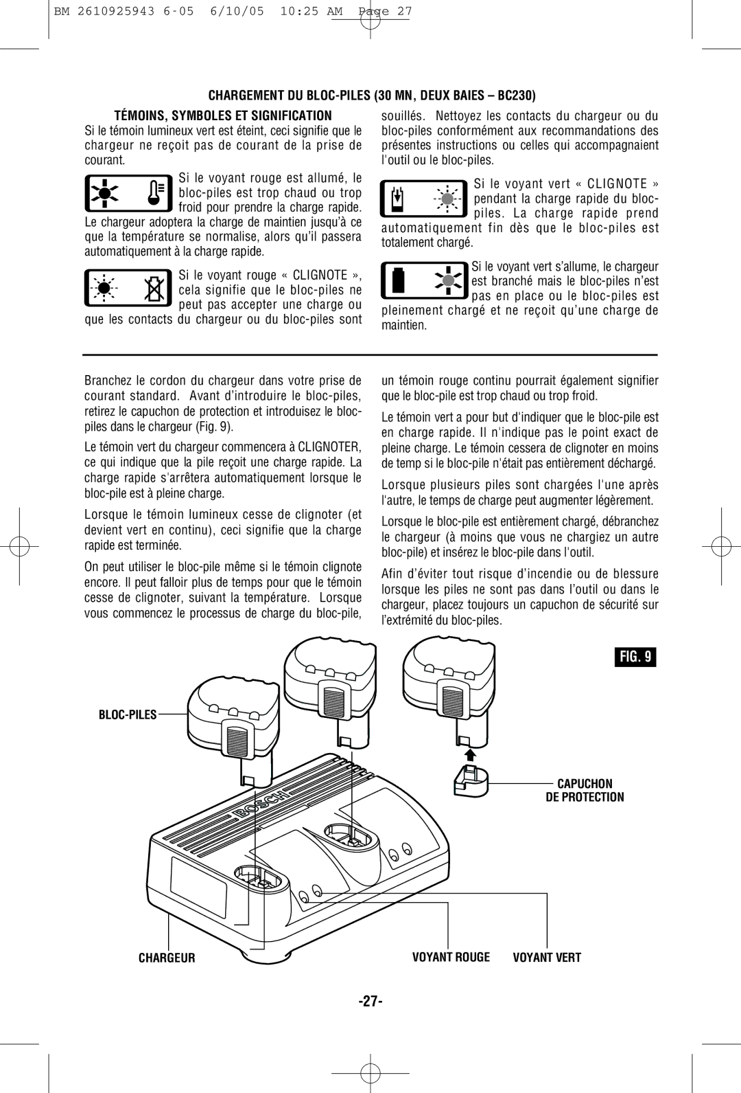 Bosch Power Tools 52324, 52318B, 52314B manual BLOC-PILES Capuchon DE Protection Chargeur Voyant Rouge 