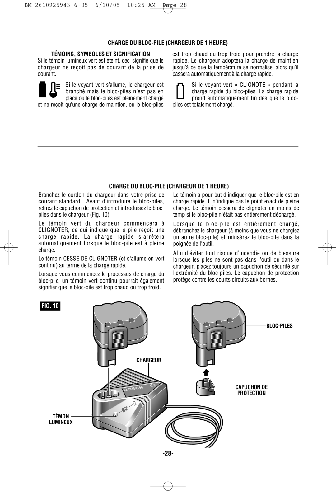 Bosch Power Tools 52318B, 52324, 52314B manual Charge DU BLOC-PILE Chargeur DE 1 Heure 