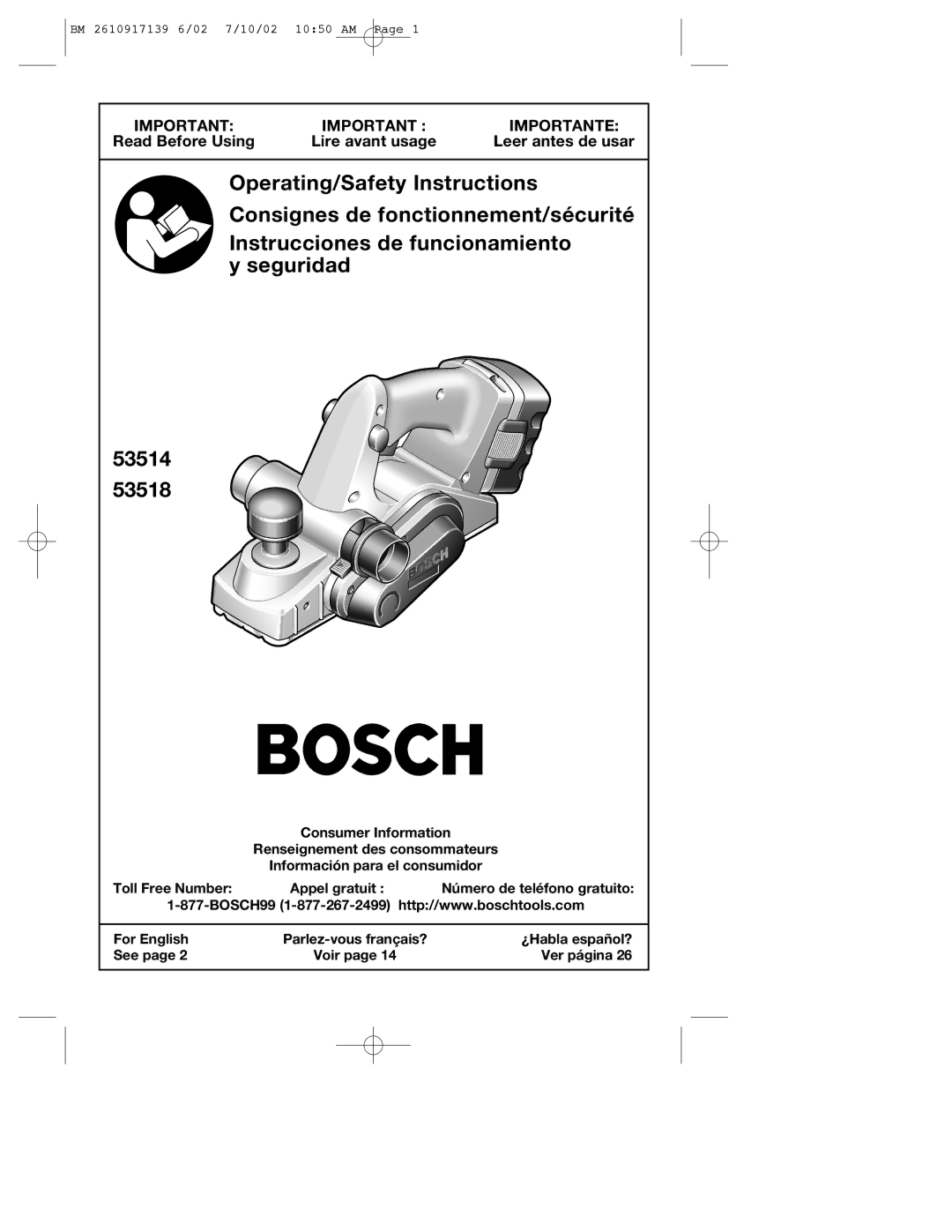 Bosch Power Tools 53514 manual Operating/Safety Instructions 