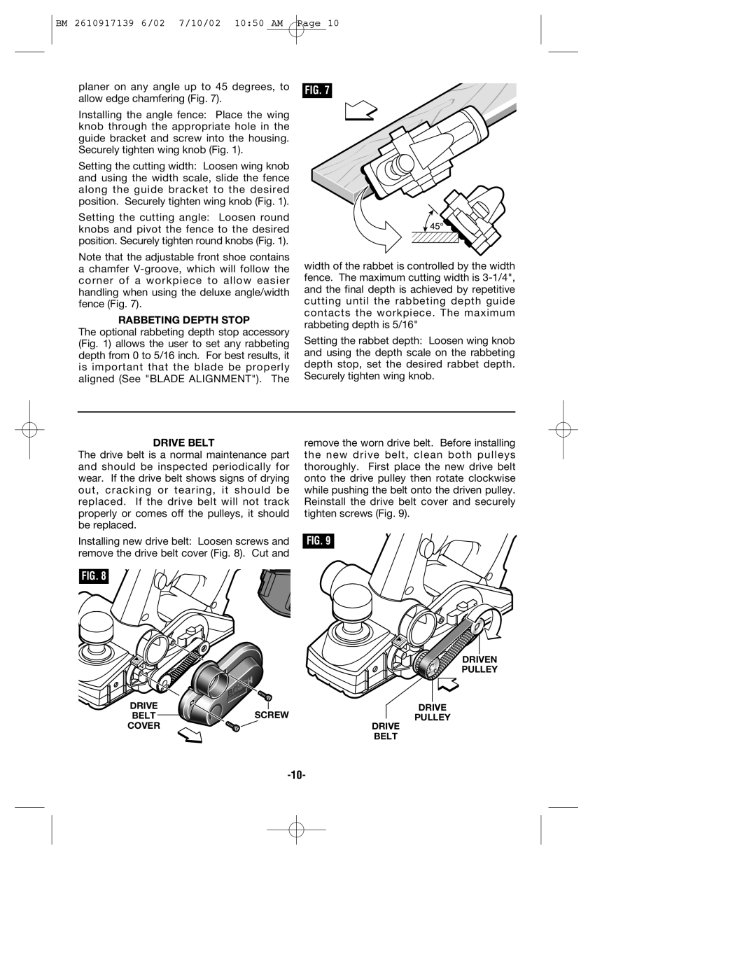 Bosch Power Tools 53514 manual Rabbeting Depth Stop, Drive Belt 