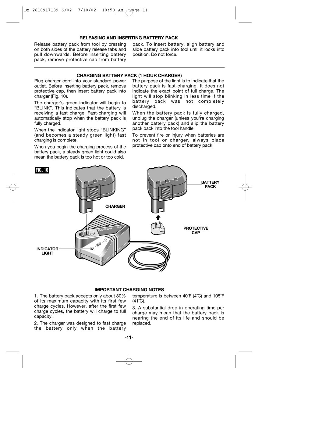 Bosch Power Tools 53514 manual Releasing and Inserting Battery Pack, Charging Battery Pack 1 Hour Charger 