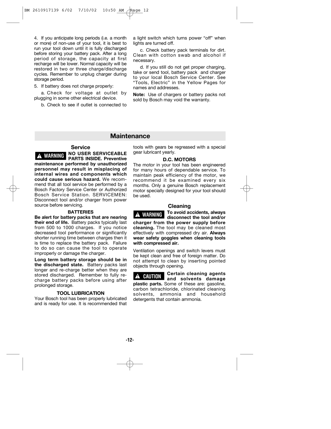 Bosch Power Tools 53514 manual Maintenance, Batteries 