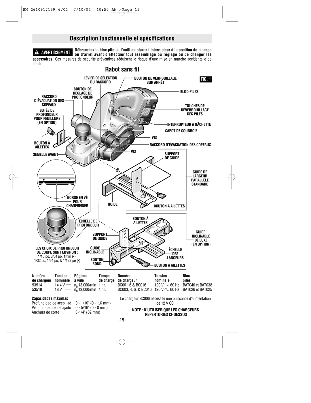 Bosch Power Tools 53514 manual Description fonctionnelle et spécifications, Rabot sans fil, Repertories CI-DESSUS 