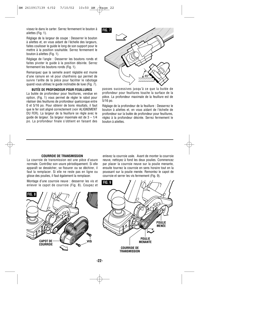 Bosch Power Tools 53514 manual Butée DE Profondeur Pour Feuillures, Courroie DE Transmission 