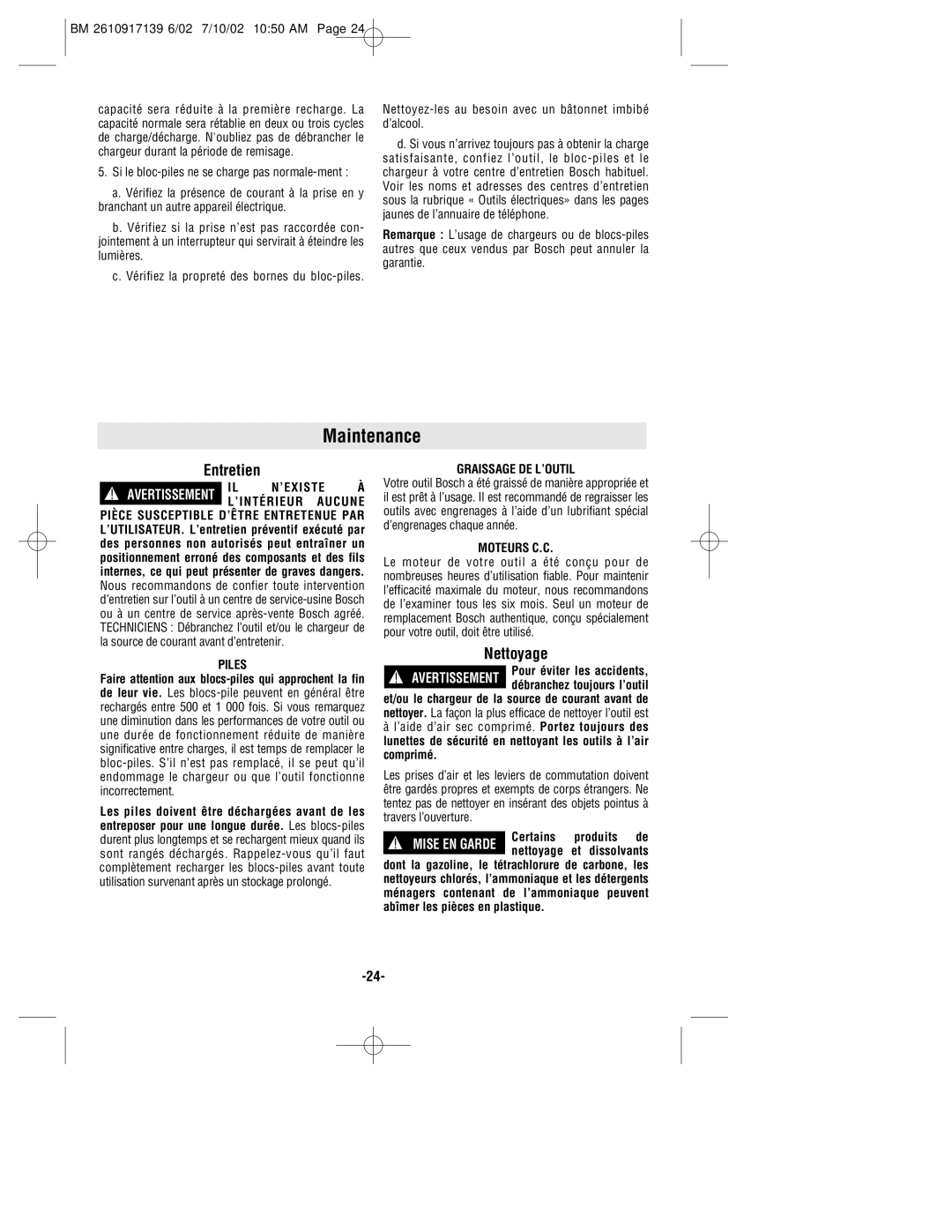 Bosch Power Tools 53514 manual Maintenance, Il N’Existe À, Piles, Graissage DE L’OUTIL, Moteurs C.C 