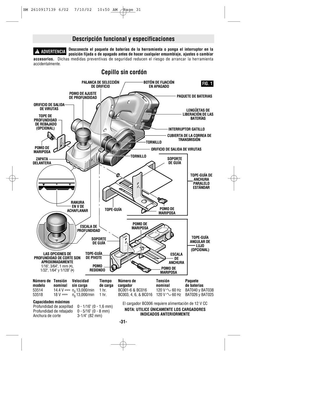 Bosch Power Tools 53514 manual Descripción funcional y especificaciones, Cepillo sin cordón 