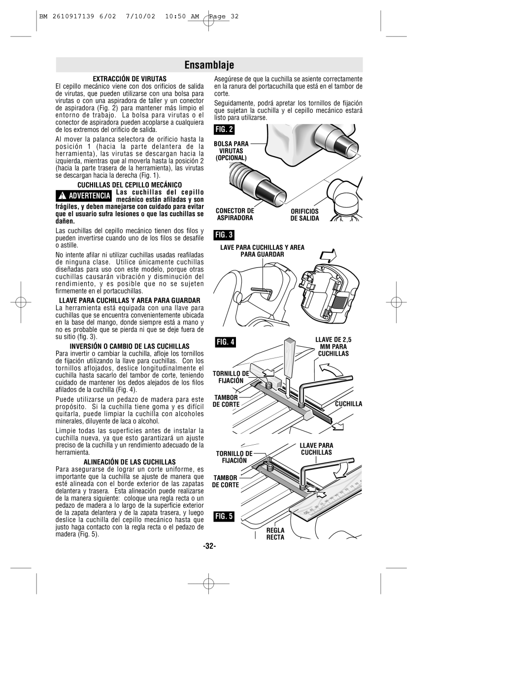 Bosch Power Tools 53514 Ensamblaje, Extracción DE Virutas, Cuchillas DEL Cepillo Mecánico, Alineación DE LAS Cuchillas 