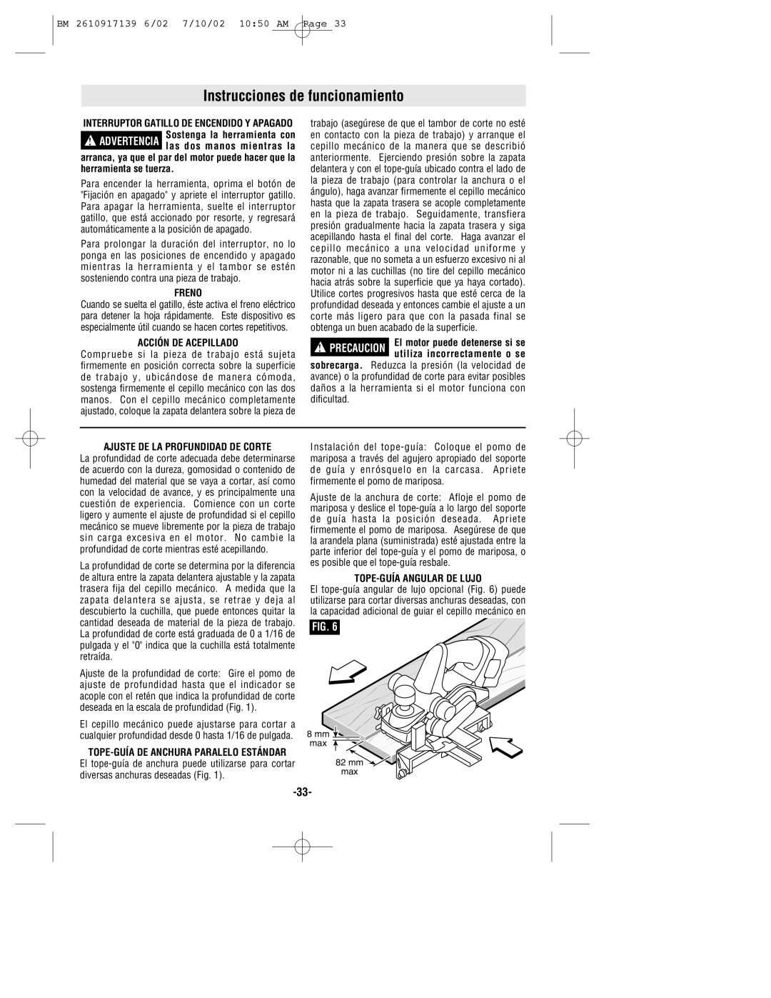 Bosch Power Tools 53514 Instrucciones de funcionamiento, Freno, Acción DE Acepillado, Ajuste DE LA Profundidad DE Corte 