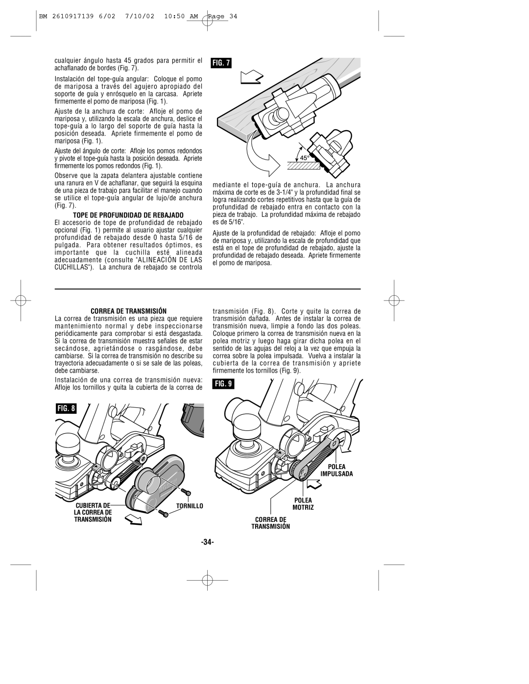 Bosch Power Tools 53514 manual Tope DE Profundidad DE Rebajado, Correa DE Transmisión 