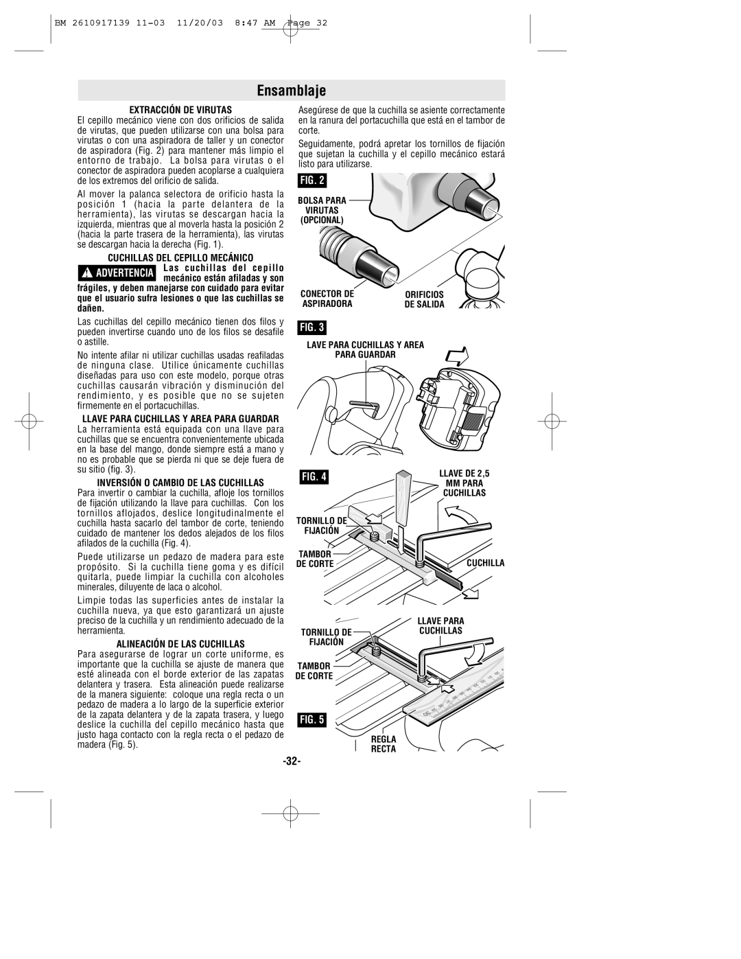 Bosch Power Tools 53518 Ensamblaje, Extracción DE Virutas, Cuchillas DEL Cepillo Mecánico, Alineación DE LAS Cuchillas 