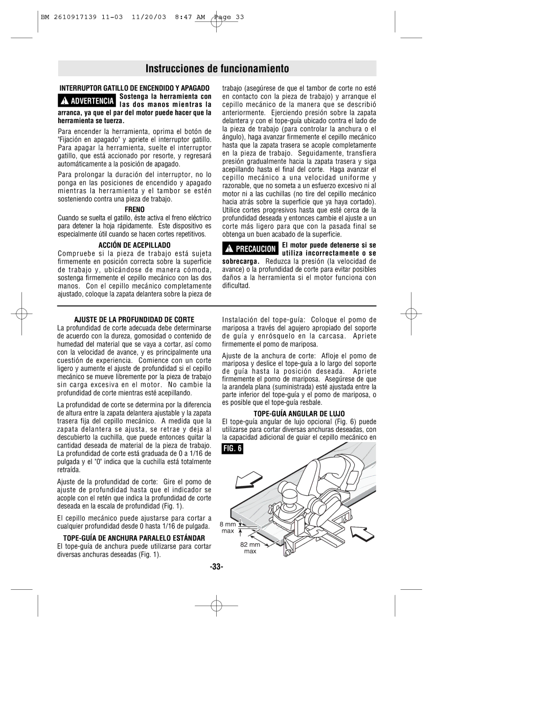 Bosch Power Tools 53518 Instrucciones de funcionamiento, Freno, Acción DE Acepillado, Ajuste DE LA Profundidad DE Corte 