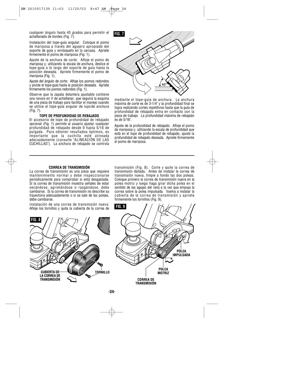 Bosch Power Tools 53518 manual Tope DE Profundidad DE Rebajado, Correa DE Transmisión 