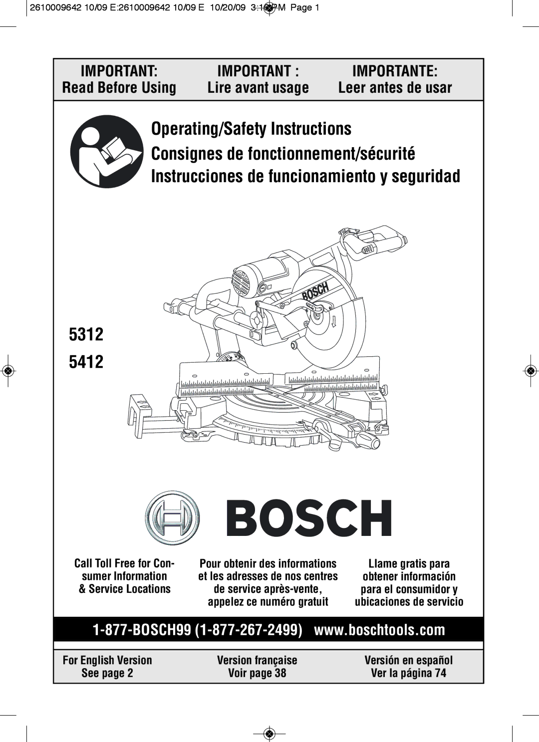 Bosch Power Tools 5412, 5312 manual Call Toll Free for Con, Sumer Information, Service Locations, For English Version, See 