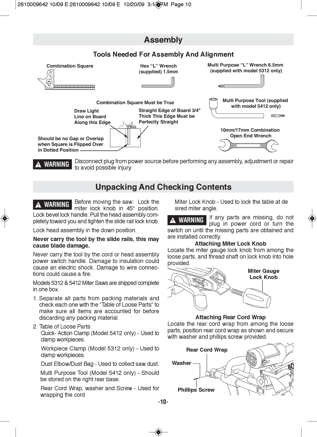 Bosch Power Tools 5412L, 5312 manual Assembly, Unpacking And Checking Contents 