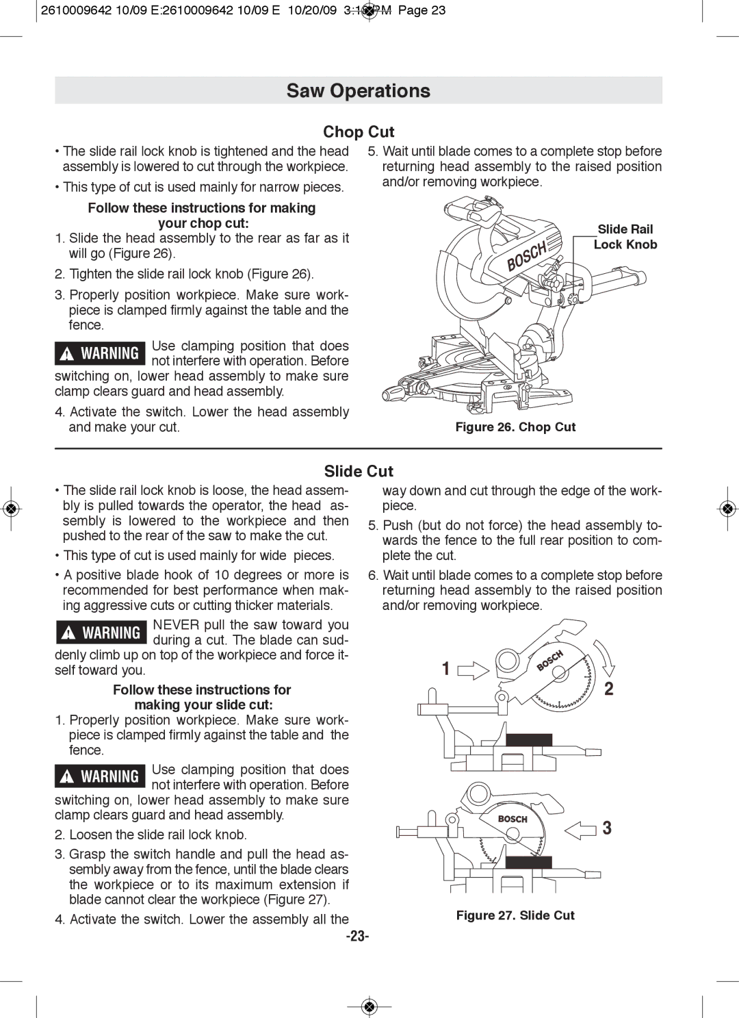 Bosch Power Tools 5312, 5412L manual Saw Operations, Chop Cut, Slide Cut, Follow these instructions for making your chop cut 